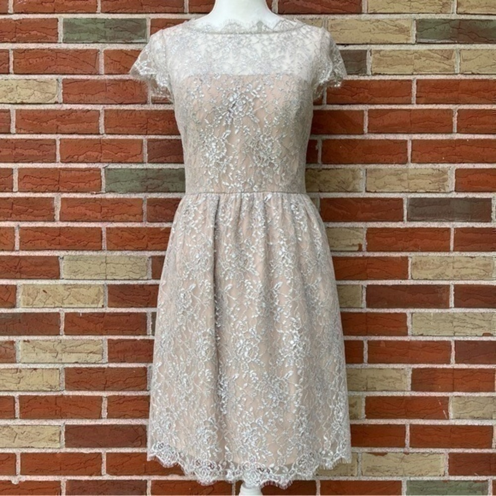 Aidan Mattox Lace Overlay Tan Silver Cap Sleeve Dress 👗